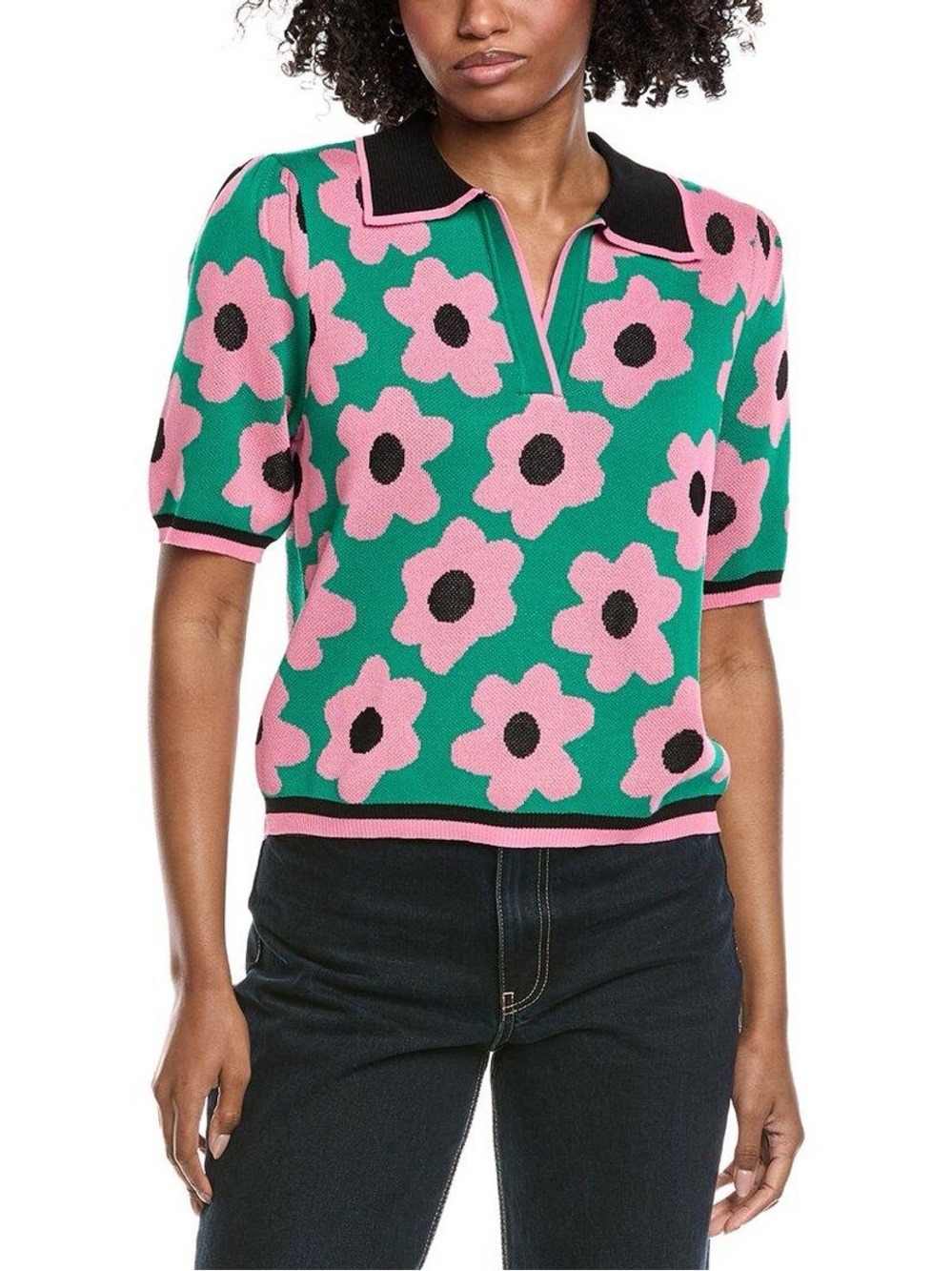 Nanette Lepore Flower Polo Knit Sweater Green Pink Retro Mod Floral Size M